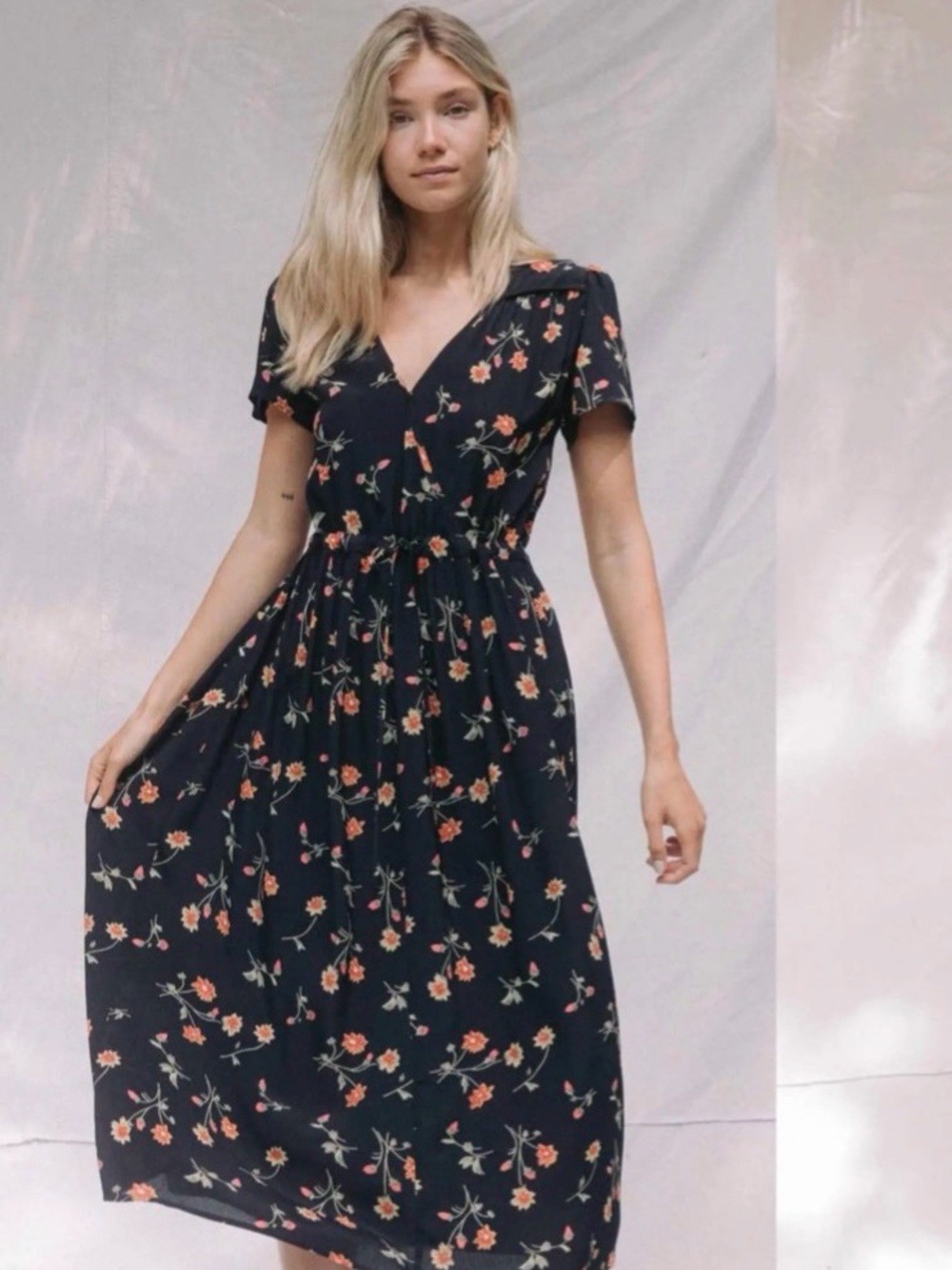 Christy Dawn Sunburst Floral BlackMidi Dress with Coral & Cream Blooms